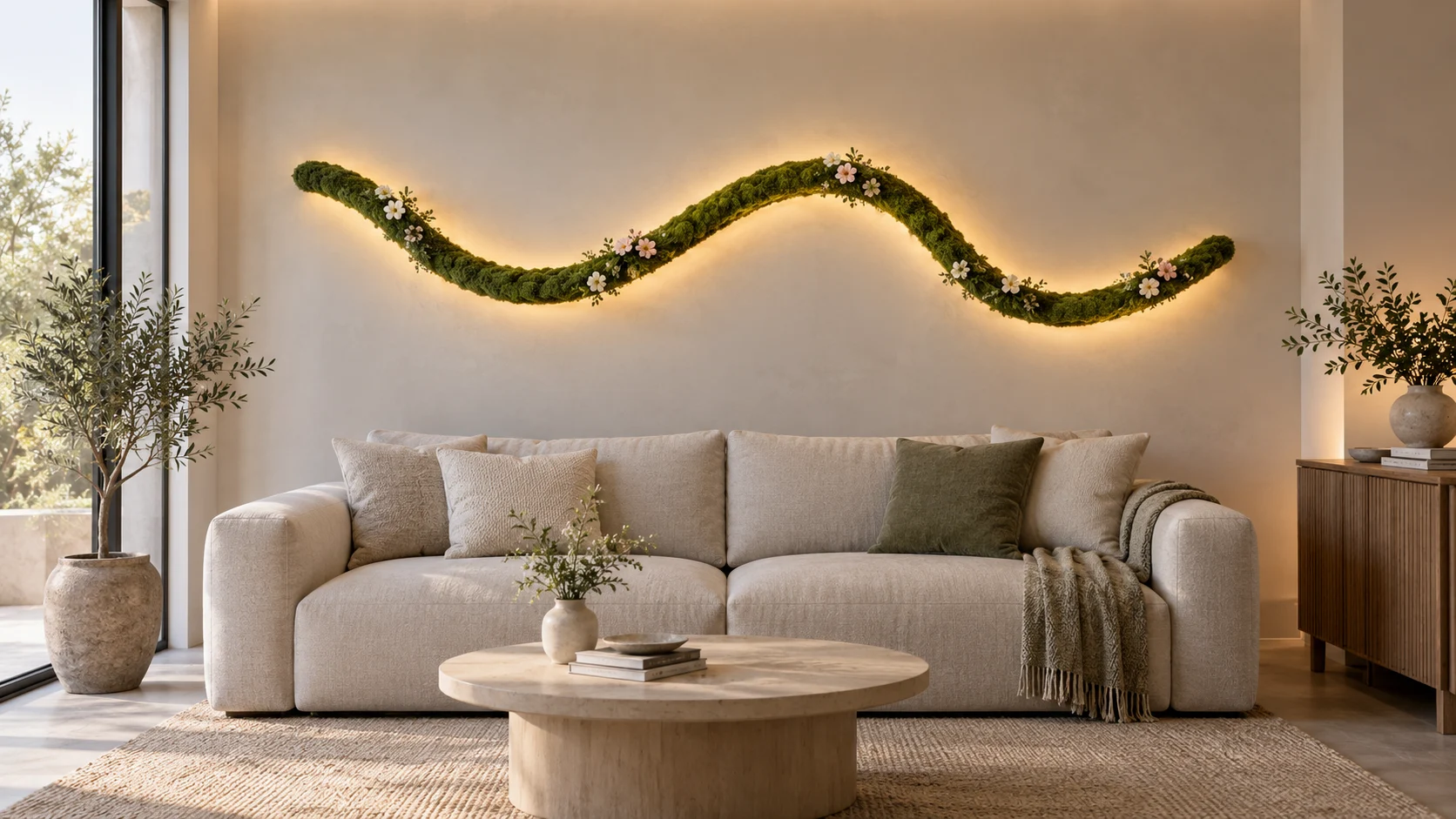 A living moss wave with small blossoms above a linen sofa