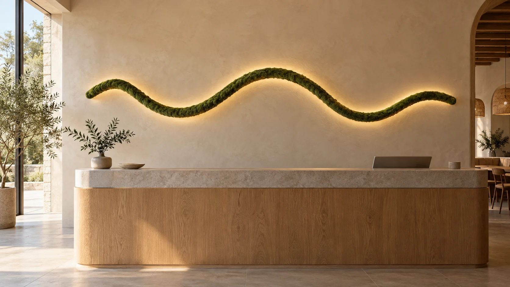 A living moss line glowing above a hotel reception desk