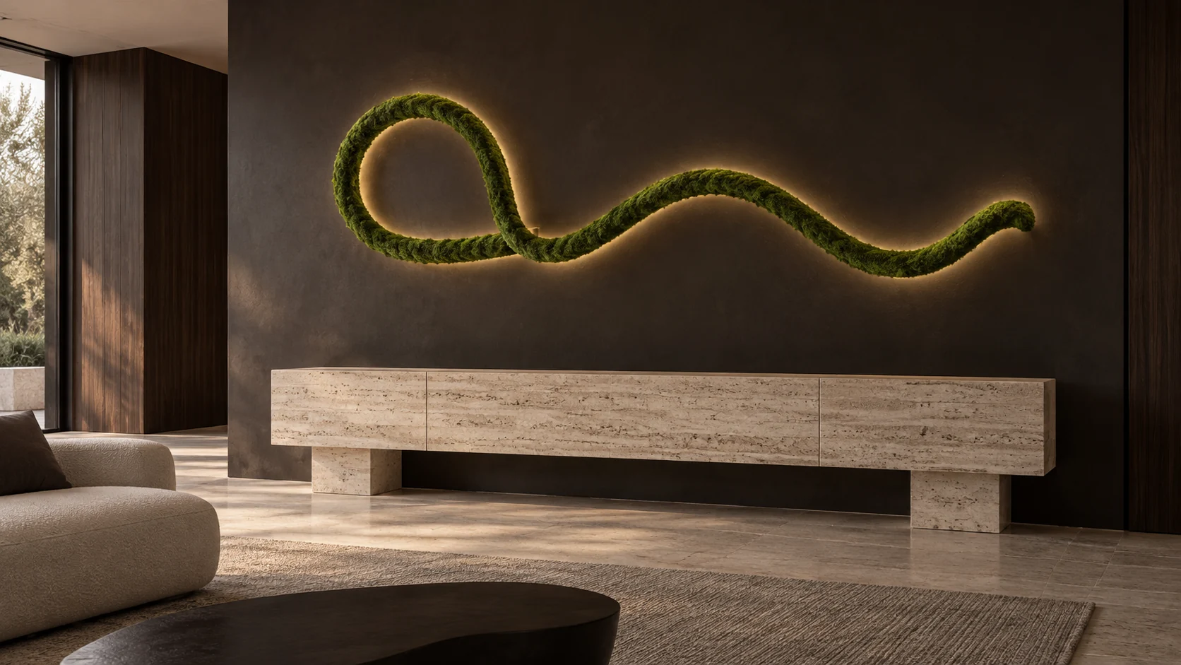 A living moss vine forming a loop and a wave on a dark plaster wall above a travertine sideboard, backlit with a warm halo