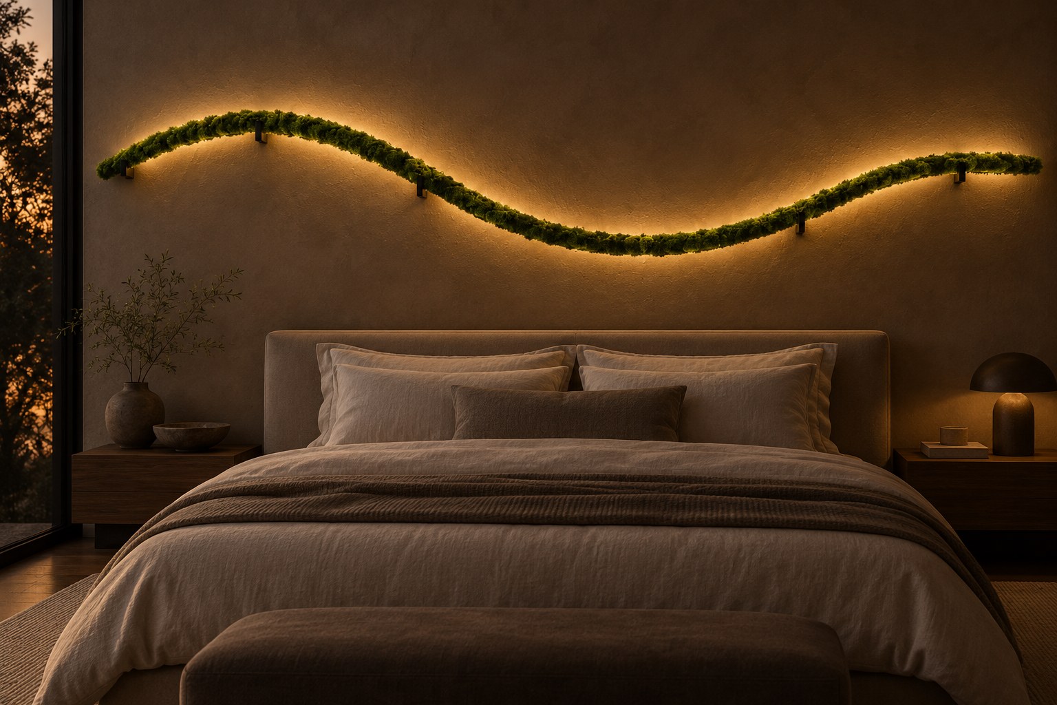 A living moss wave above a linen headboard at dusk