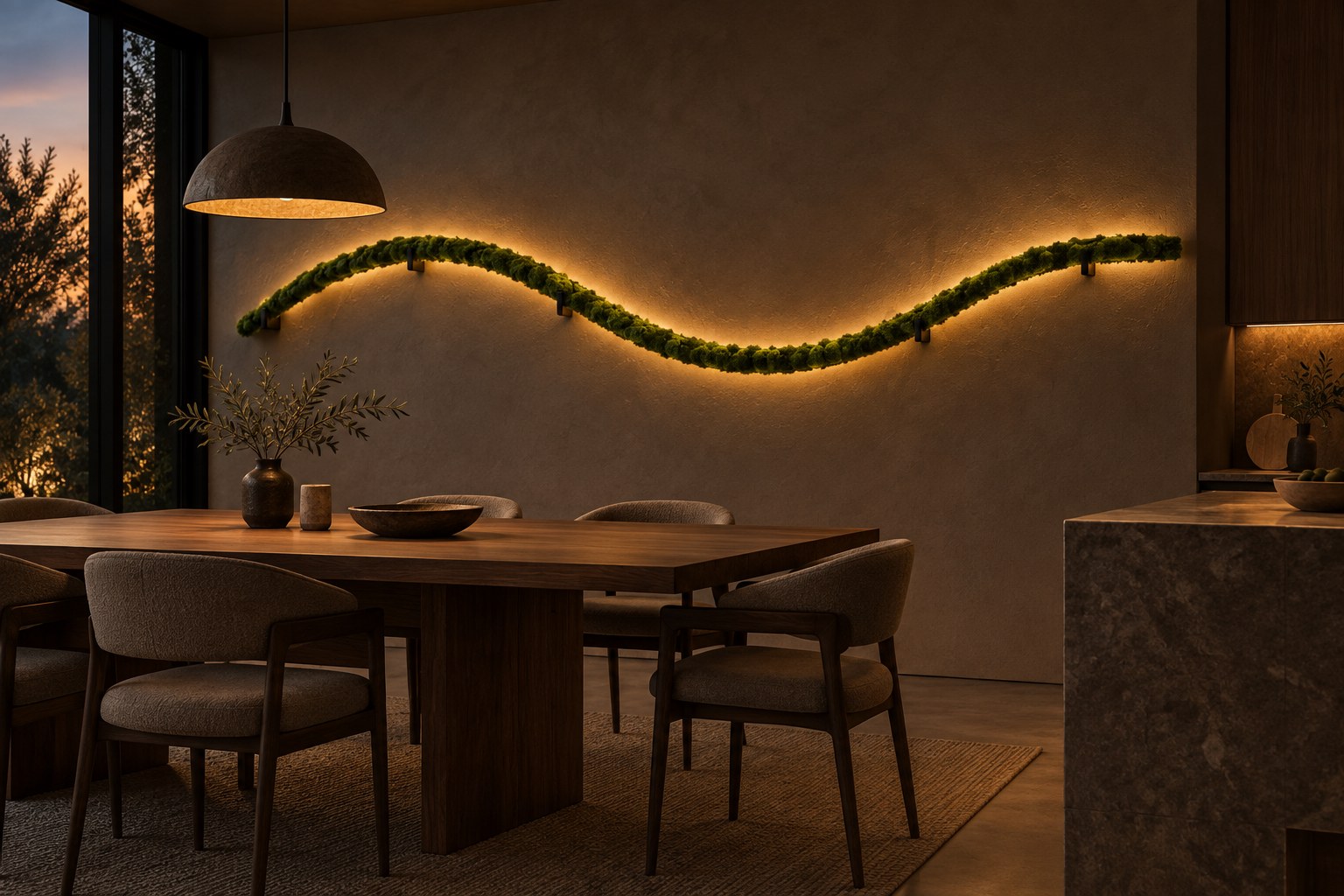 A living moss line on a plaster wall above a walnut dining table