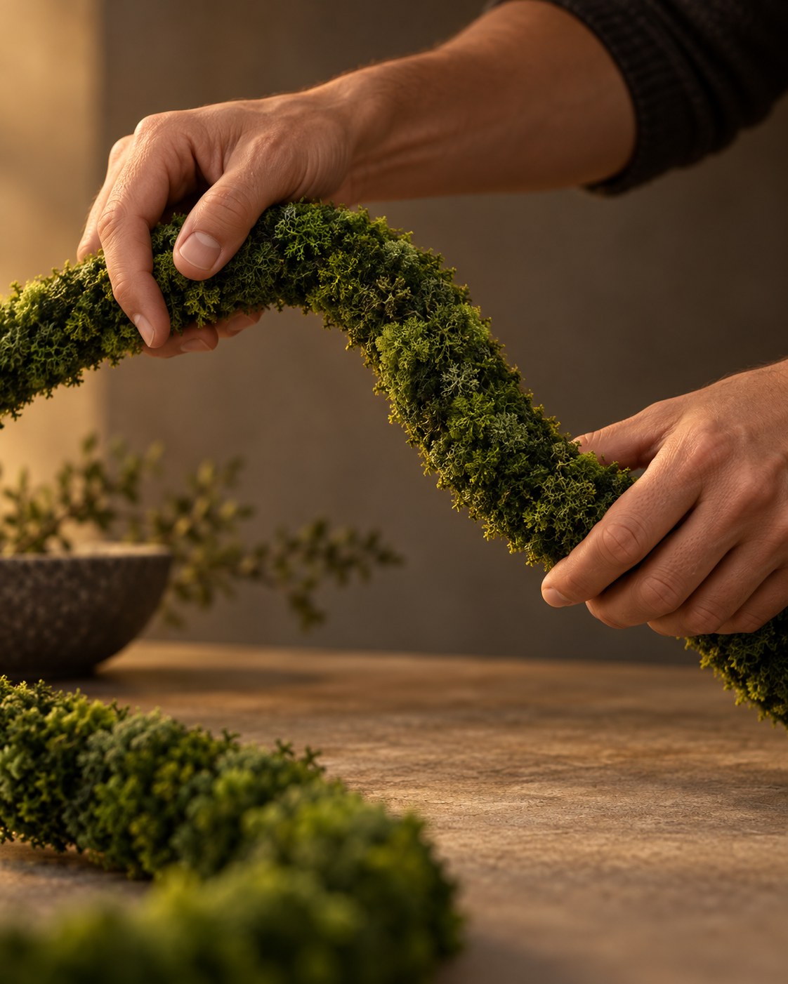 Two hands bending the green moss vine into a curve