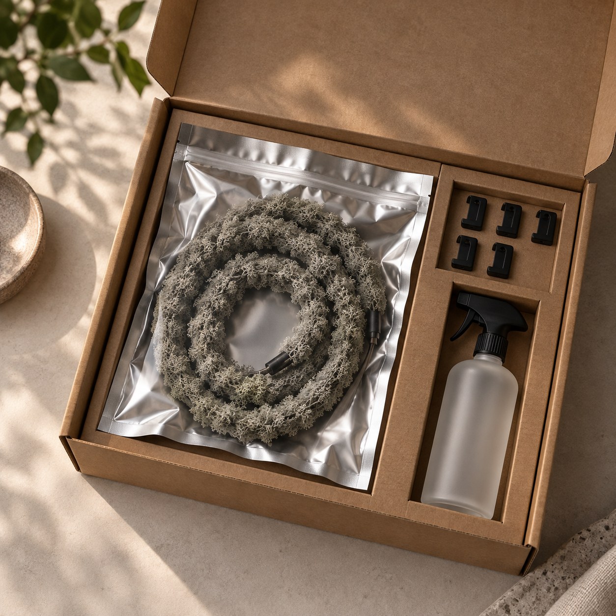 Open kraft box with the coiled silver-grey vine in a foil pouch, black clips and a spray bottle