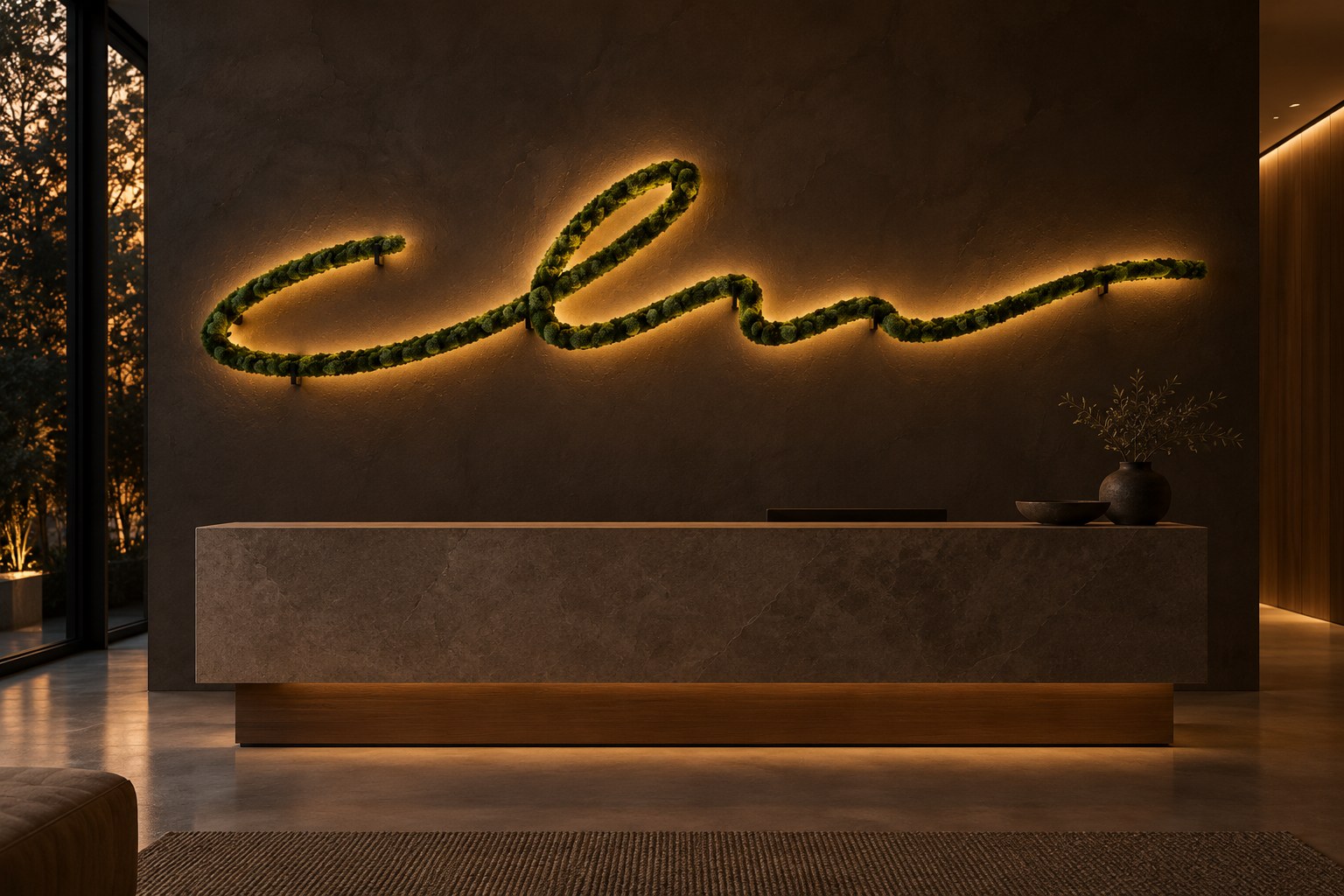 A cursive word written in living moss above a stone reception desk